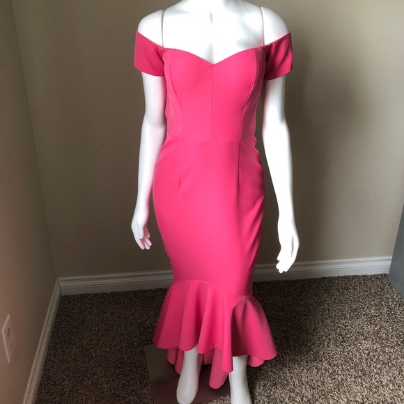 Abyss By Abby Pink Mirna Gown Prom Dress Off Shoulder Dress MIDI Ruffle Bottom - Picture 3 of 12